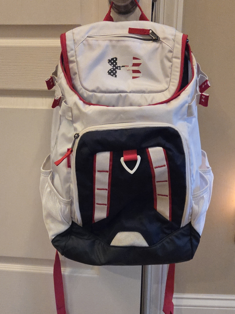 Under Armour White & Navy Bat Backpack with Red Accents